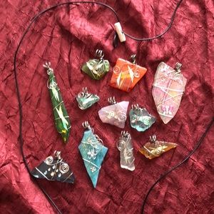Bundle of hand polished glass art & wire pendants.
